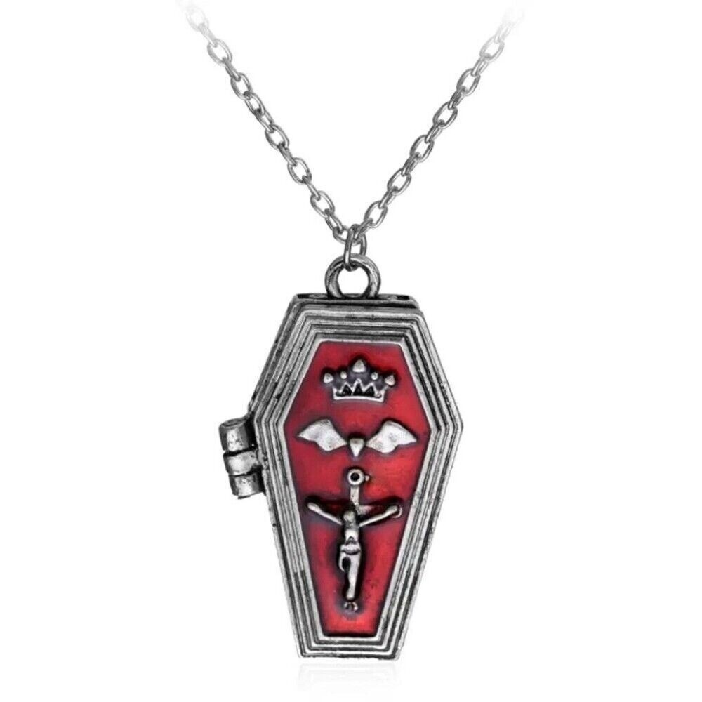 Coffin Necklace, Locket, Pendant,‎ Halloween, Funky, Gothic, Vampire, Red Enamel